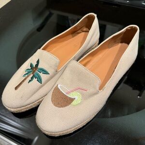 J Crew Factory Tropical Embroidered  Palm tree Coconut Slip On Espadrilles 7.5